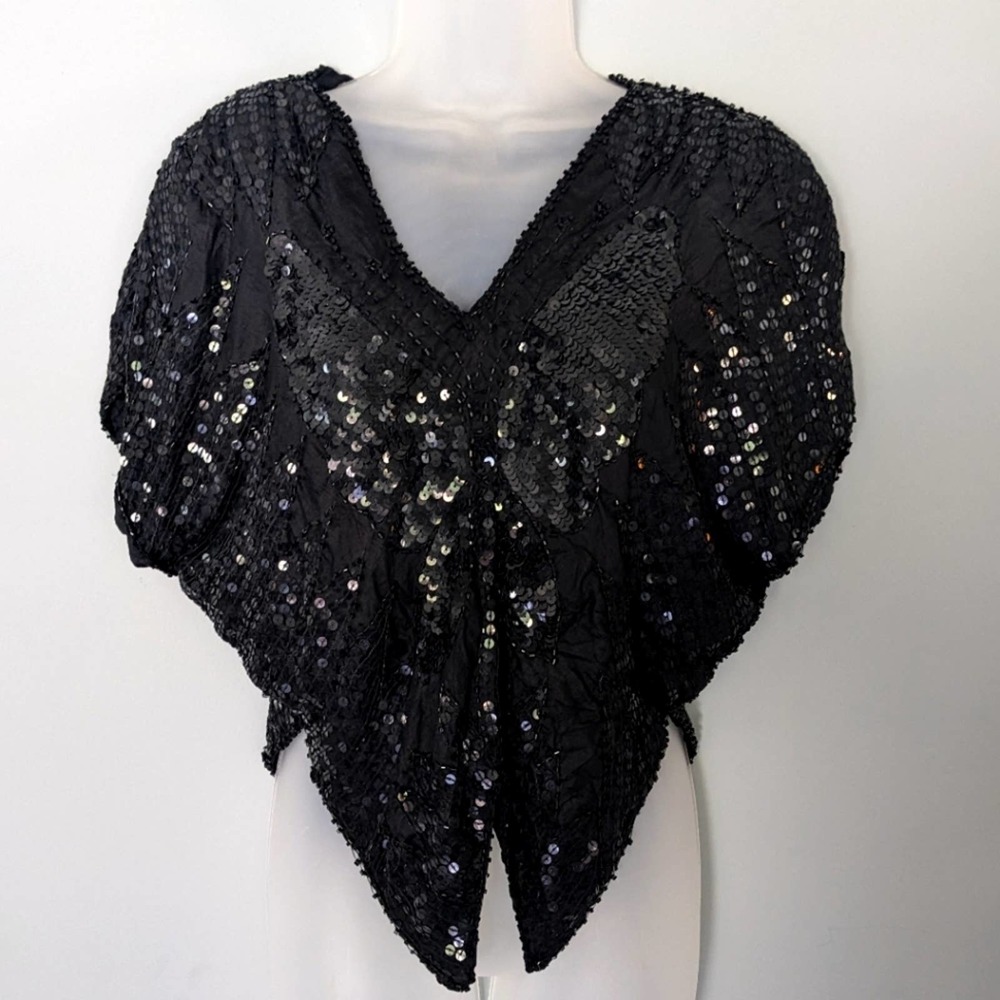 Shatki Vintage Black Silk Sequined 70s Butterfly Top M